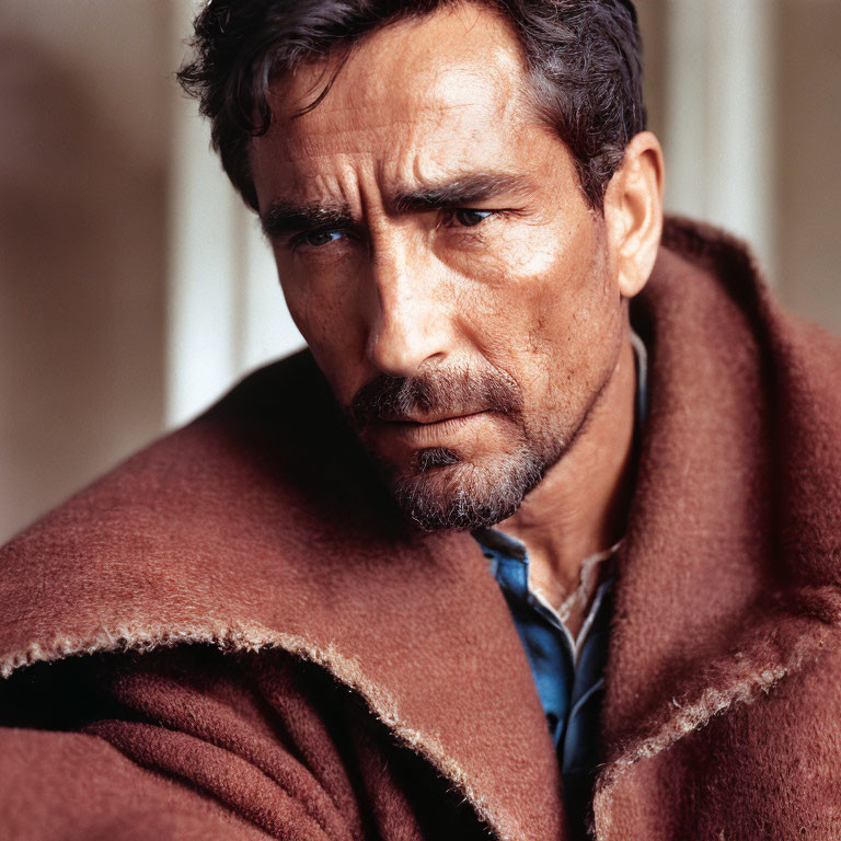 Intense man in poncho with stubble and furrowed brow