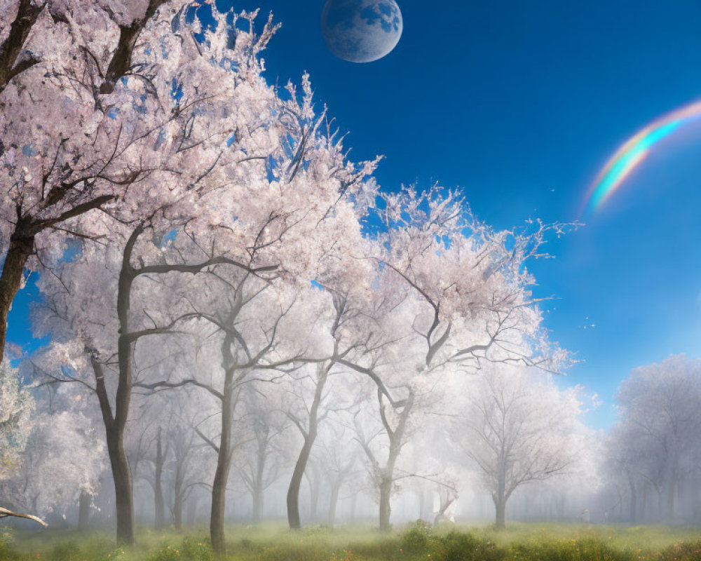 Tranquil landscape with cherry blossoms, rainbow, moon, and misty meadow