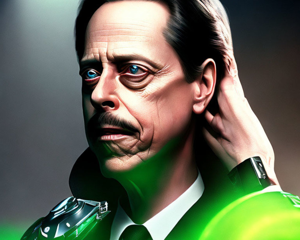 Detailed digital artwork: Man in green suit with robotic arm