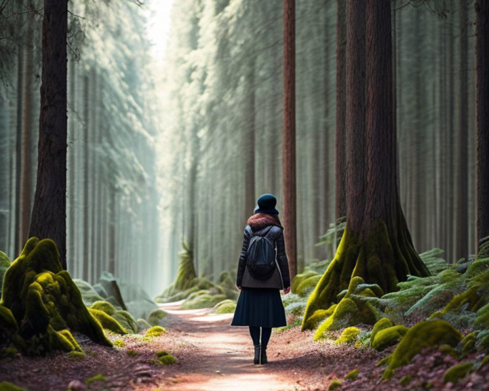 Forest Path with Towering Trees and Moss-Covered Ground