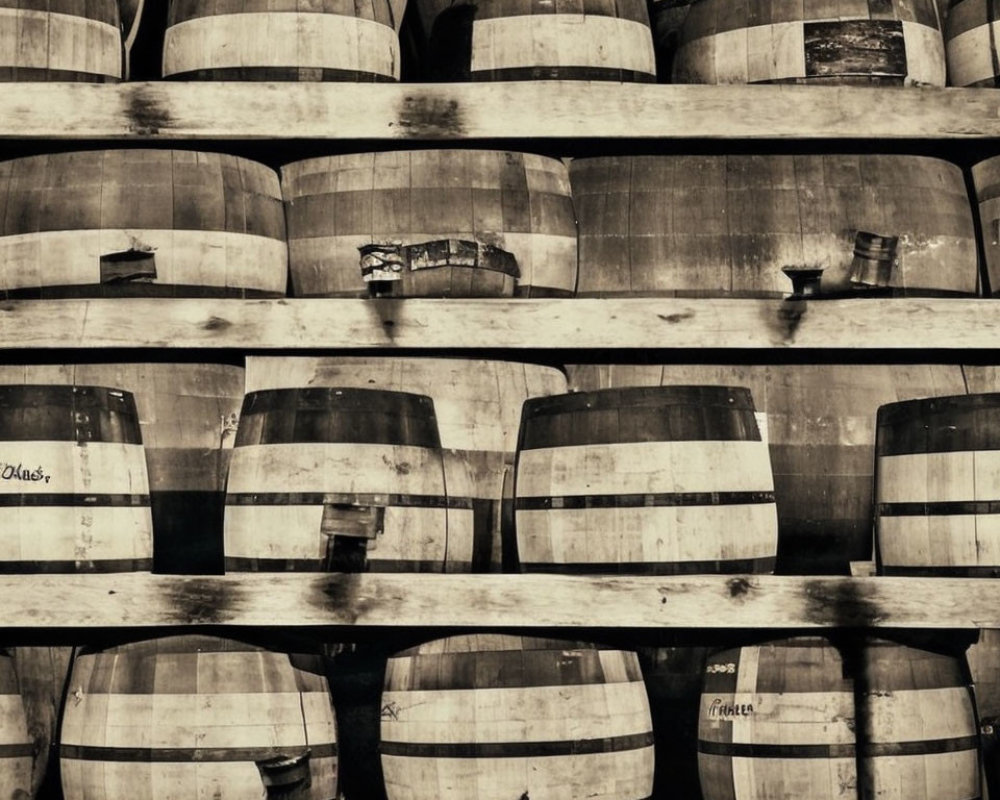 Wooden barrel shelves with sepia filter for aging wine or spirits