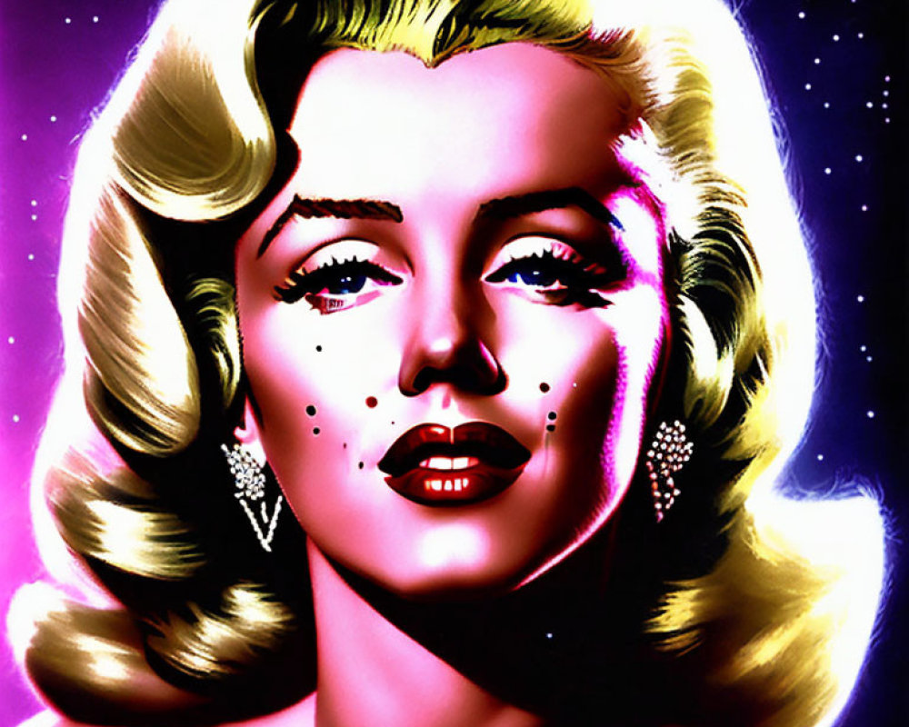 Blonde woman in pop art style with sparkling earrings on purple background