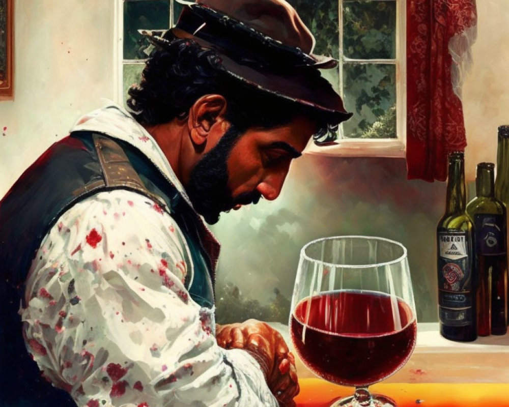 Man in hat at table with blood-splattered shirt, overturned bottle, and red liquid.