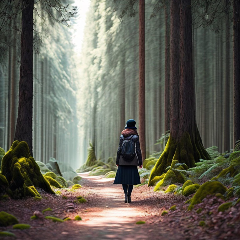 Forest Path with Towering Trees and Moss-Covered Ground