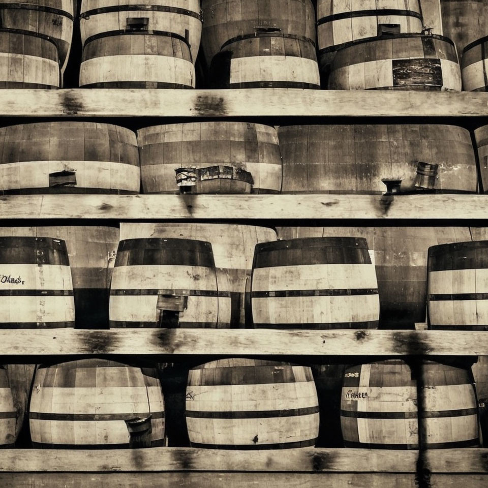 Wooden barrel shelves with sepia filter for aging wine or spirits