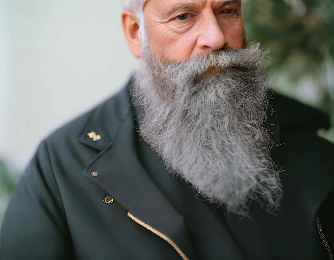 Elderly man in navy coat with gray beard gazes sideways