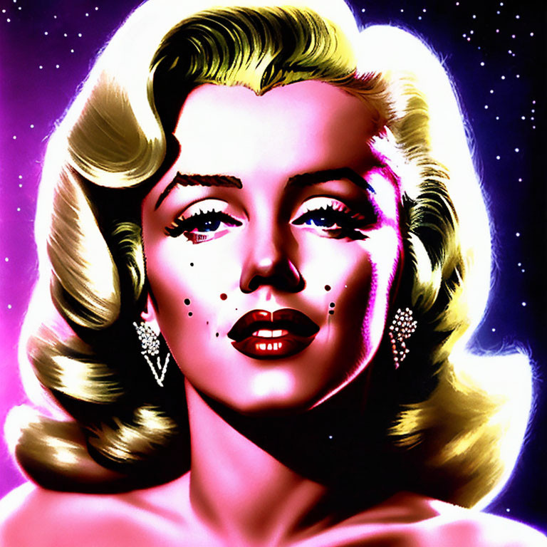 Blonde woman in pop art style with sparkling earrings on purple background