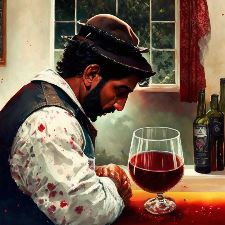 Man in hat at table with blood-splattered shirt, overturned bottle, and red liquid.