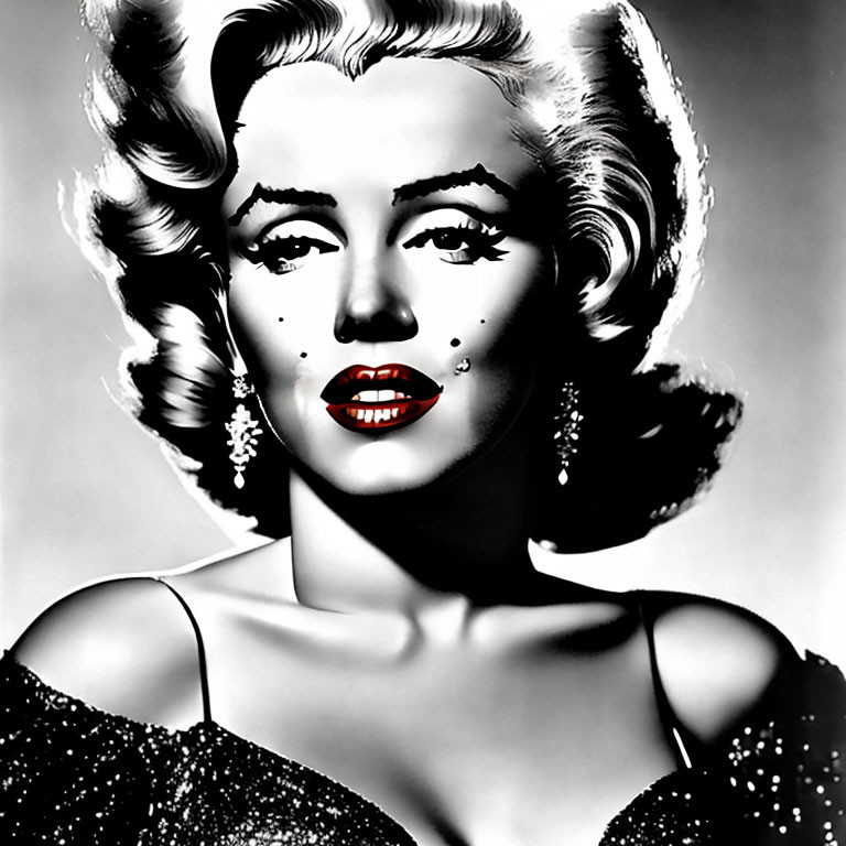 Monochrome portrait of glamorous woman with wavy hair and bright lipstick