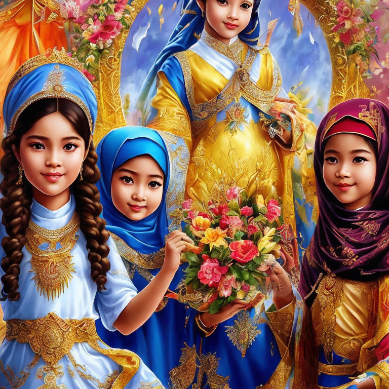 Four girls in traditional attire with flowers, vibrant painting against floral background