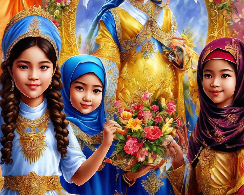 Four girls in traditional attire with flowers, vibrant painting against floral background