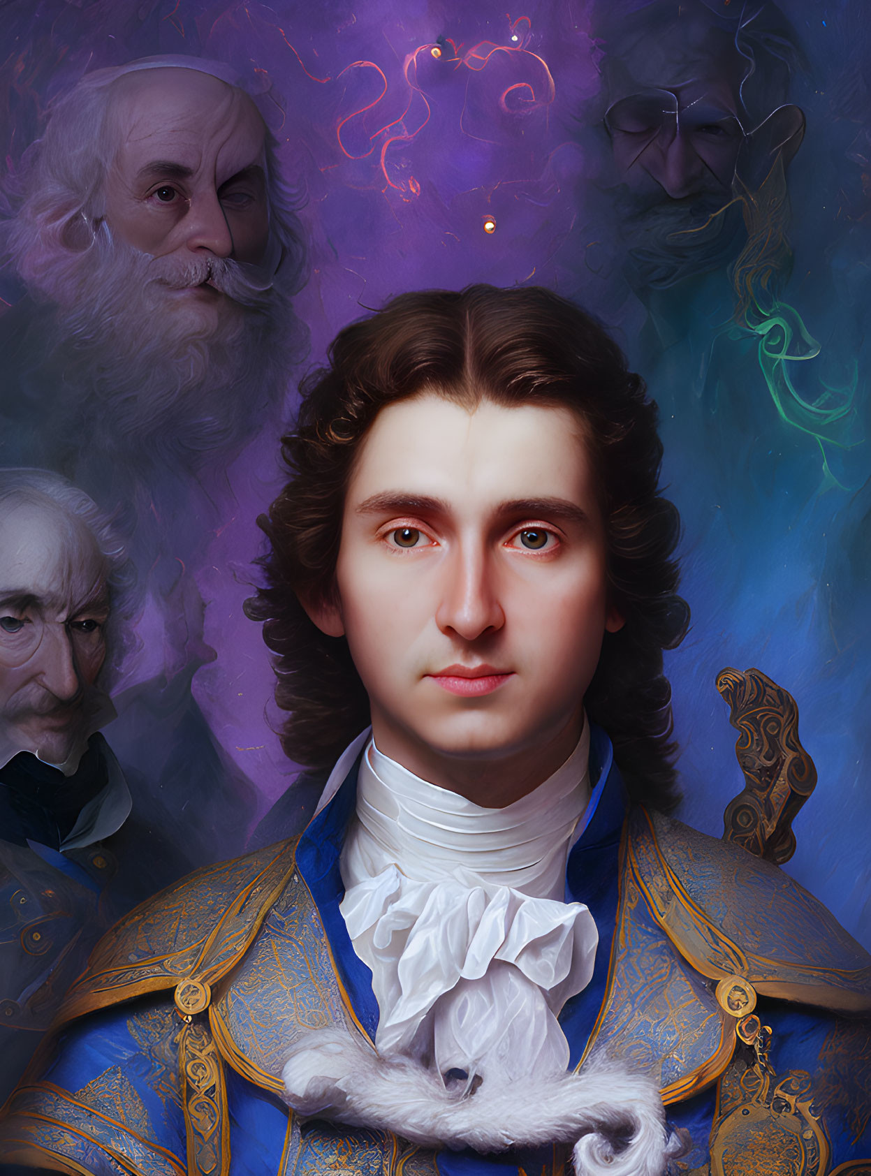 Young man in blue military uniform with gold embroidery, white cravat, surrounded by majestic figures.