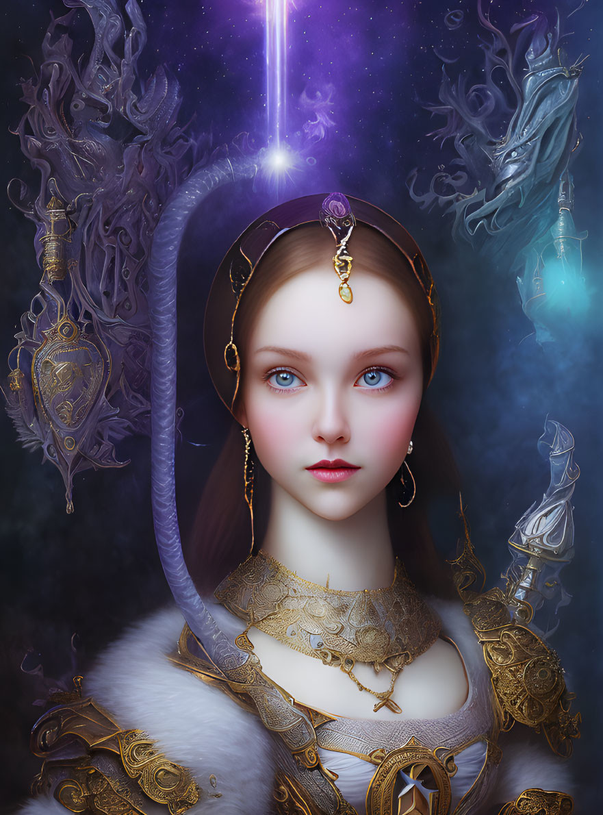 Regal woman in gold jewelry with blue eyes among mystical artifacts