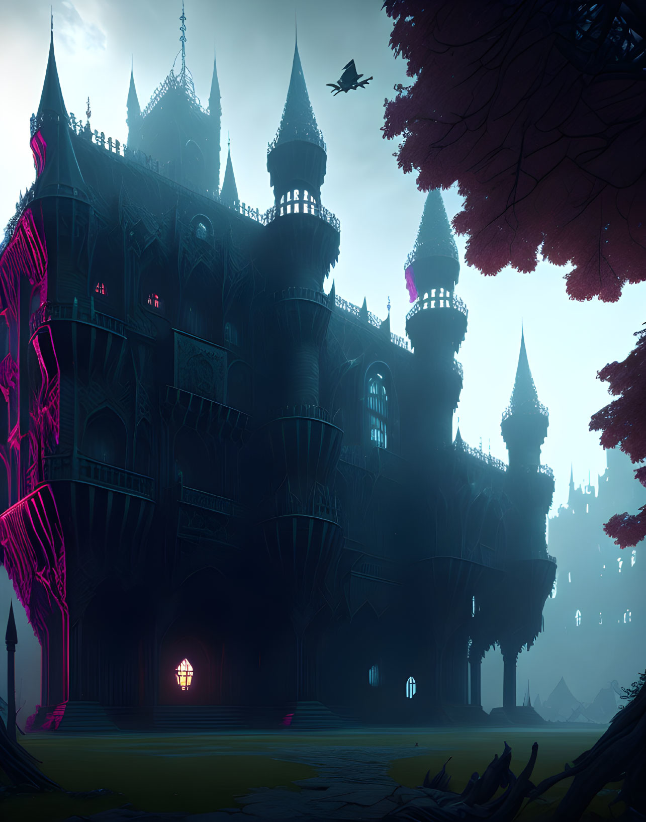 Gothic castle at twilight with pink accents and flying creature silhouette