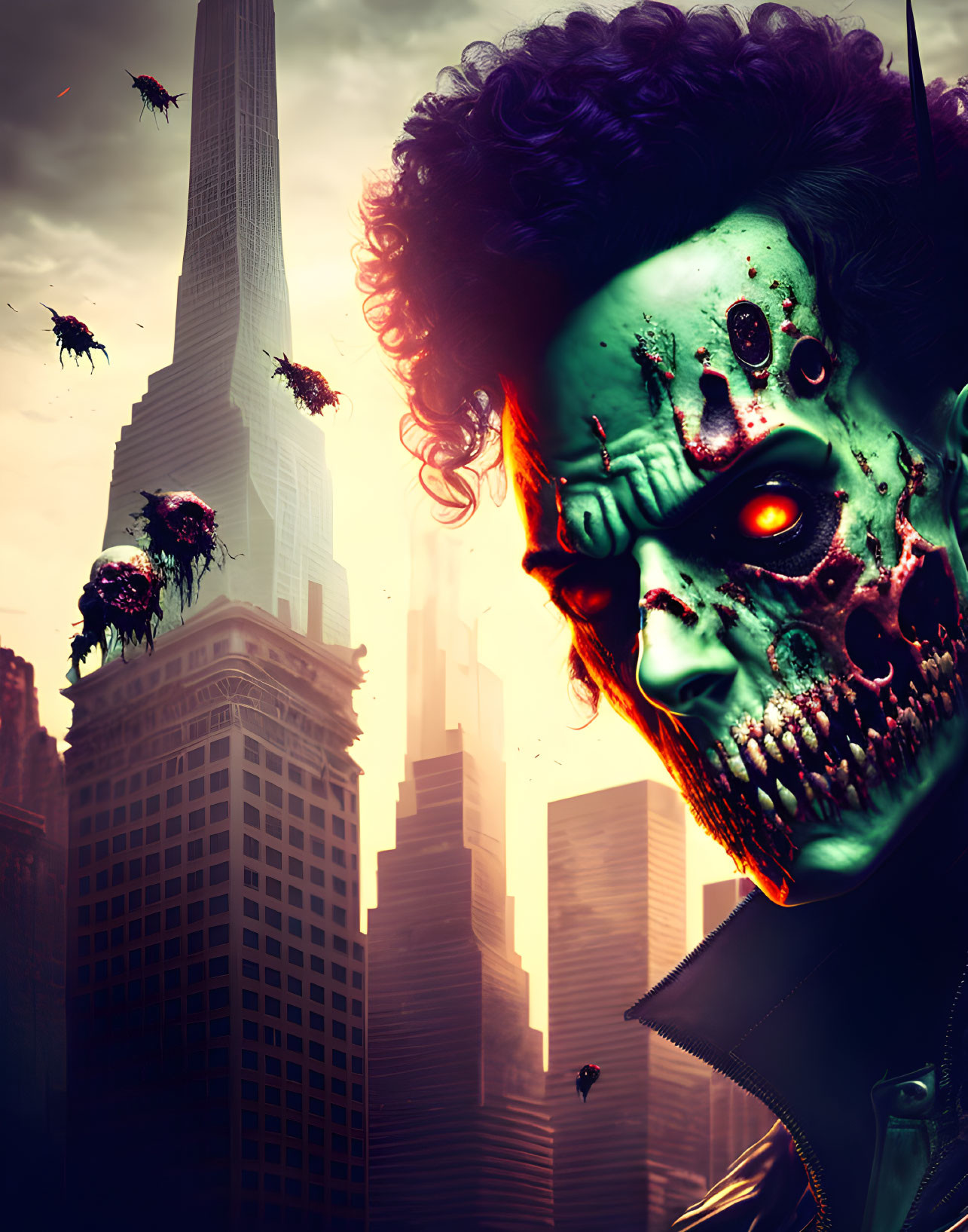 Menacing zombie-like figure over dystopian cityscape with dark clouds