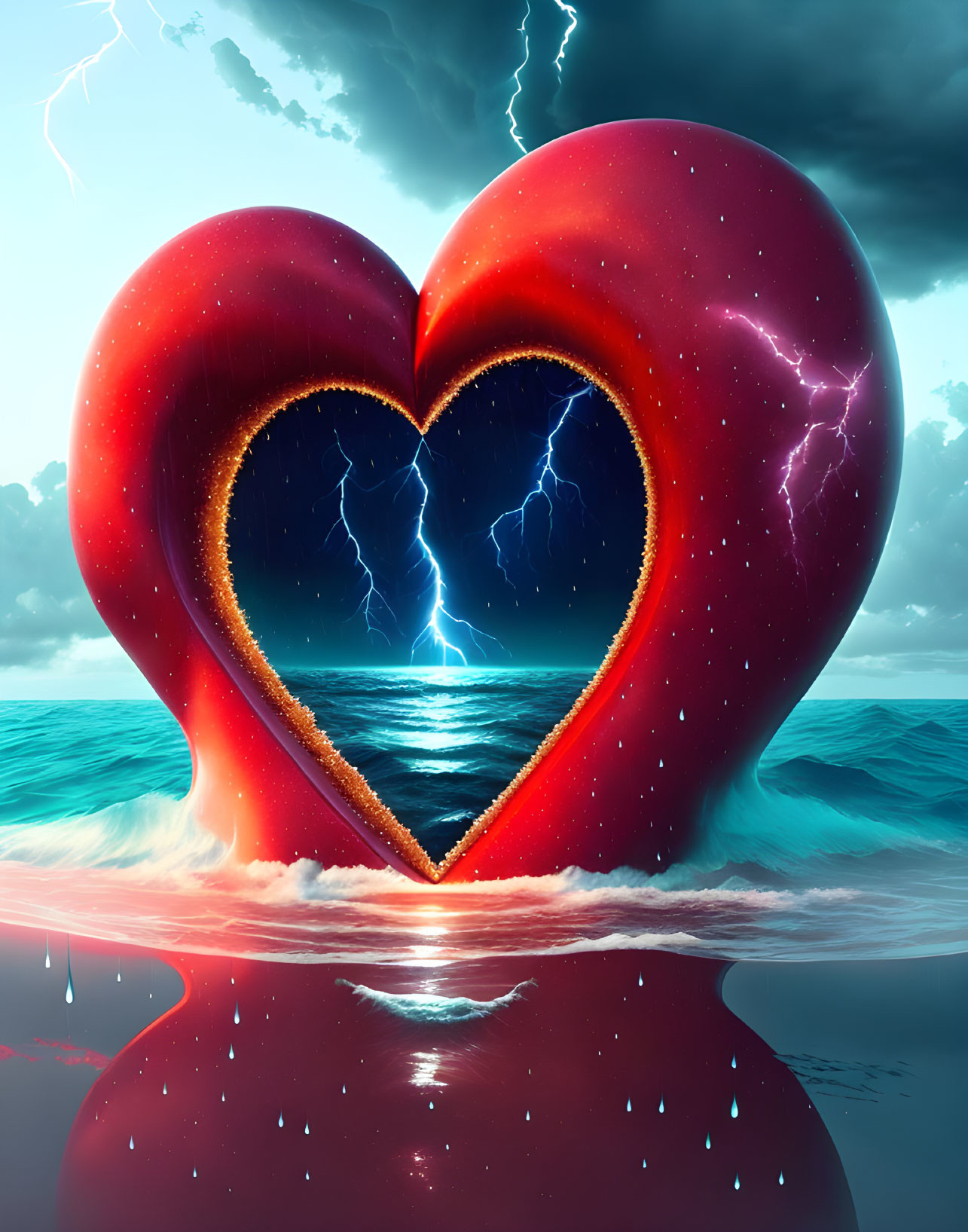 Heart-shaped portal reveals stormy ocean with lightning