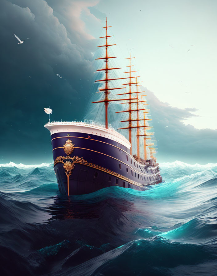 Golden-embellished sailing ship navigating deep blue waves under dramatic sky