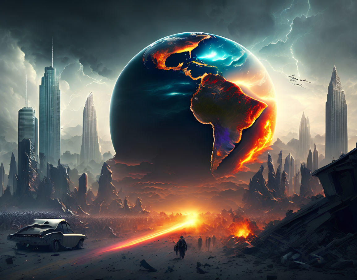 Post-apocalyptic scene with glowing Earth over ruined city and figures walking towards horizon under stormy skies