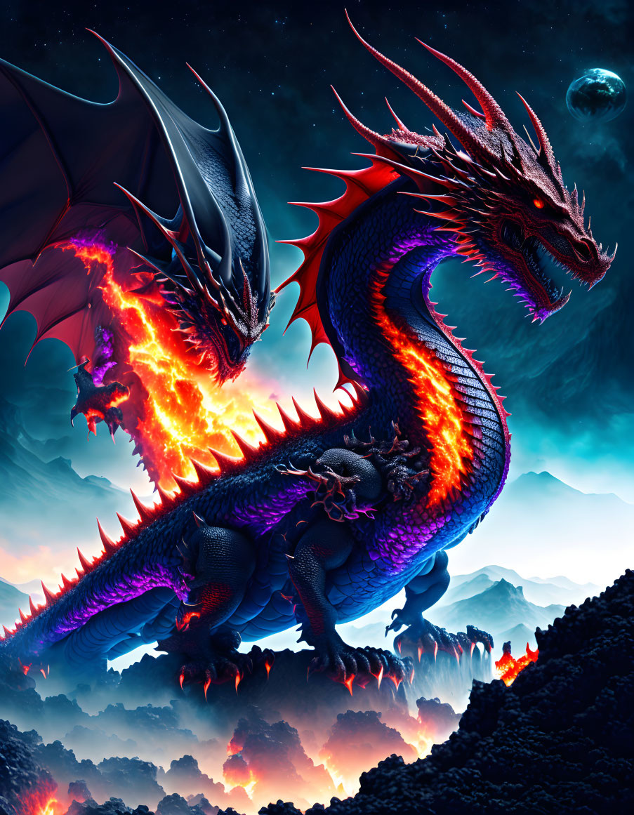 Fiery red and blue dragon against night sky with mountains and distant planet.