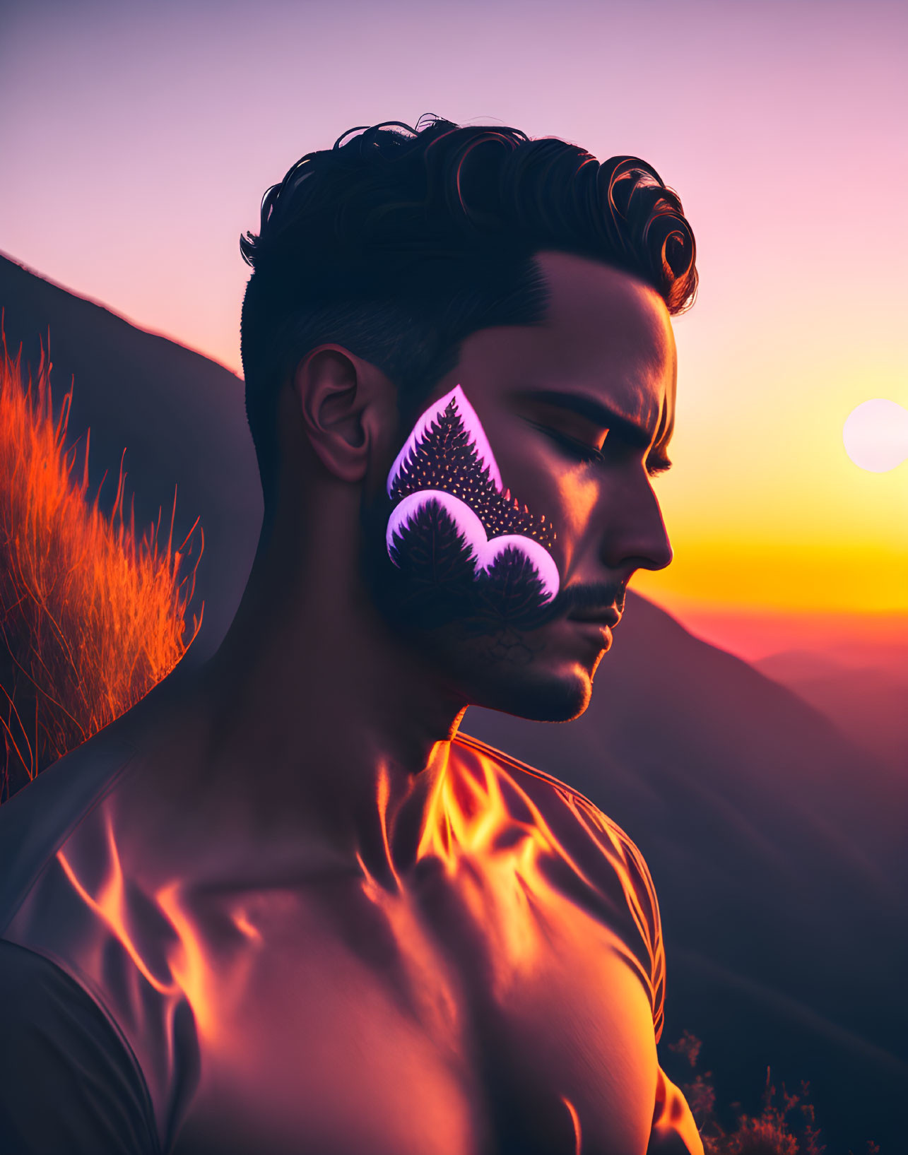 Stylized portrait of shirtless man with glowing mountain landscape silhouette against vibrant sunset background