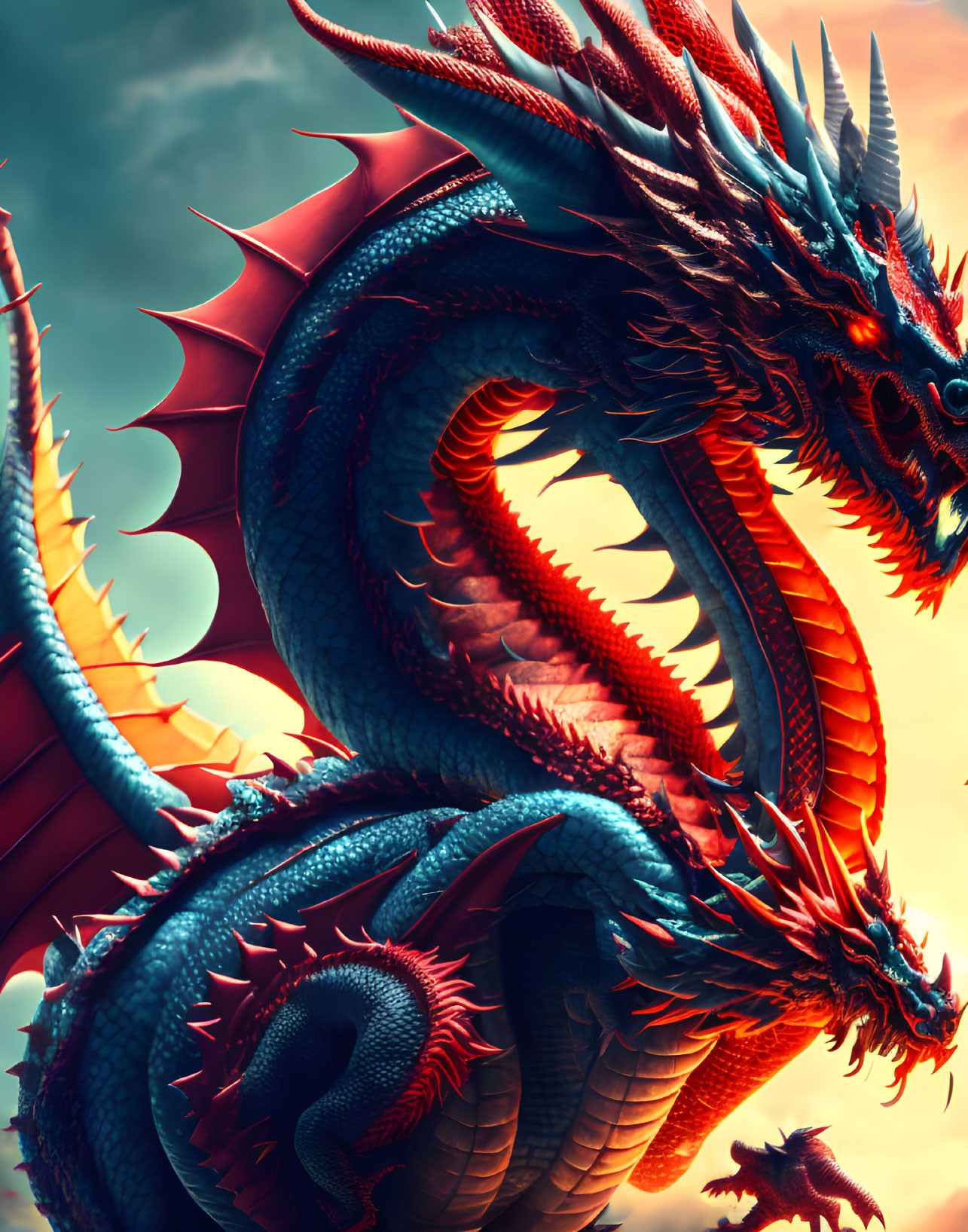 Detailed Red and Blue Dragon Illustration with Sharp Scales and Horns