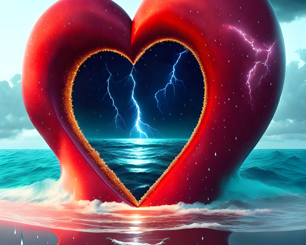 Heart-shaped portal reveals stormy ocean with lightning