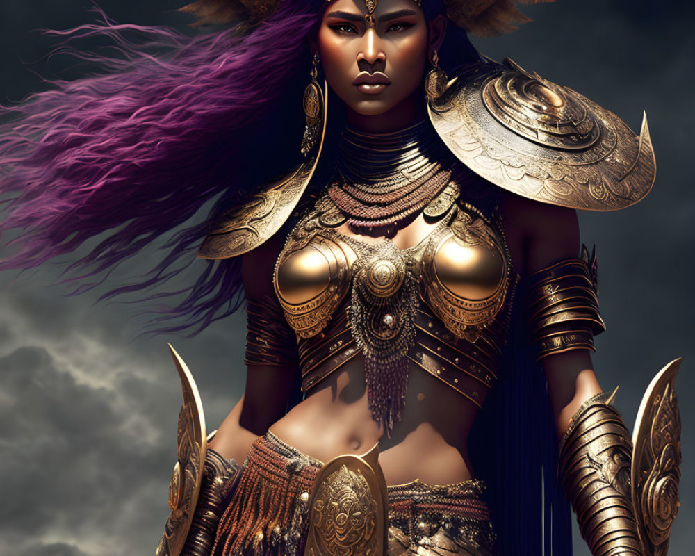 Warrior woman in golden armor with spear against dark sky