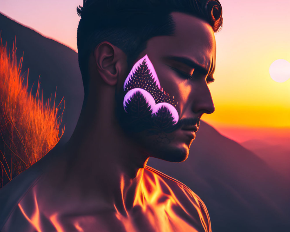 Stylized portrait of shirtless man with glowing mountain landscape silhouette against vibrant sunset background