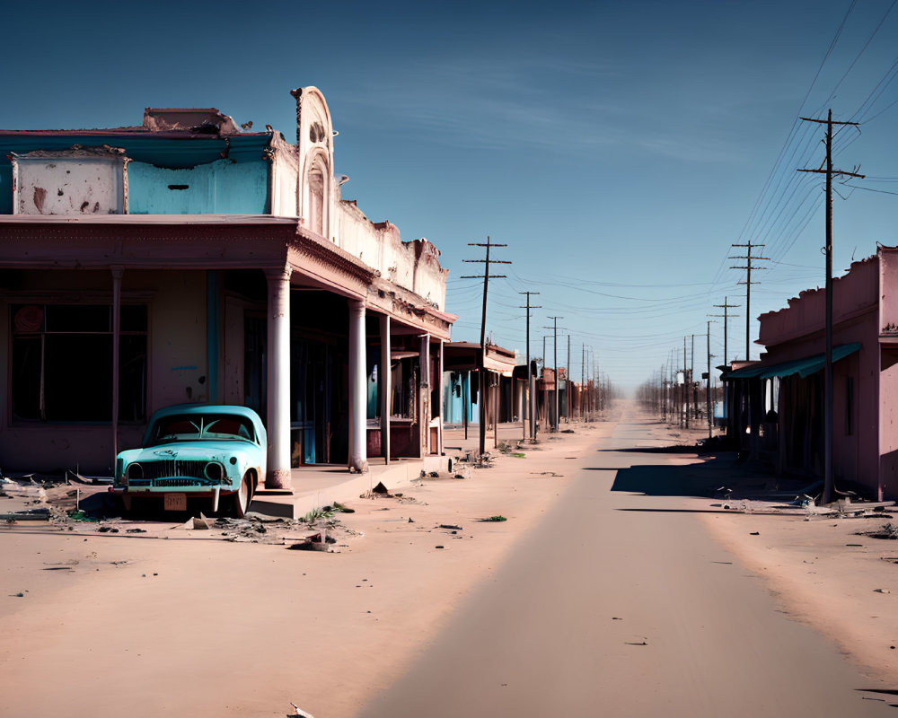 Desolate street scene with old buildings and classic car.