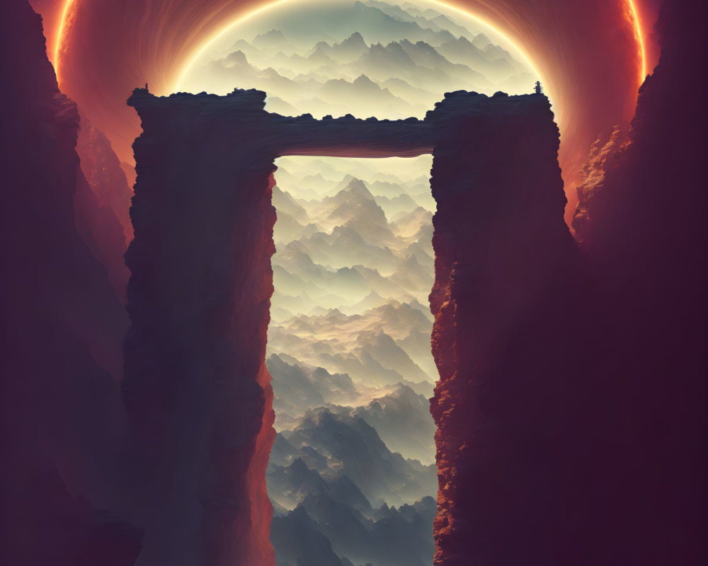 Surreal landscape with rugged archway, cascading mountains, and glowing eclipse