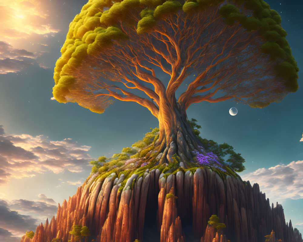 Majestic giant tree on rocky hill in fantastical landscape