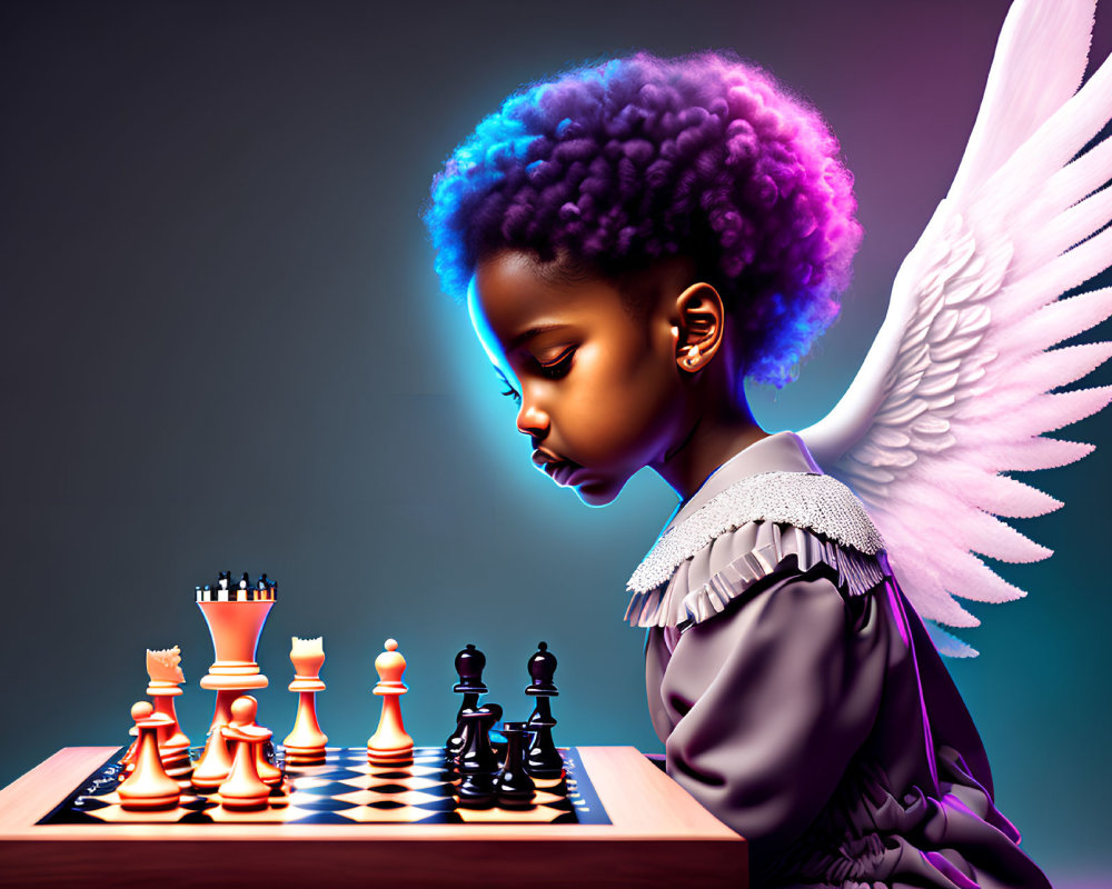 Young girl with purple hair and angel wings at chessboard under dramatic light