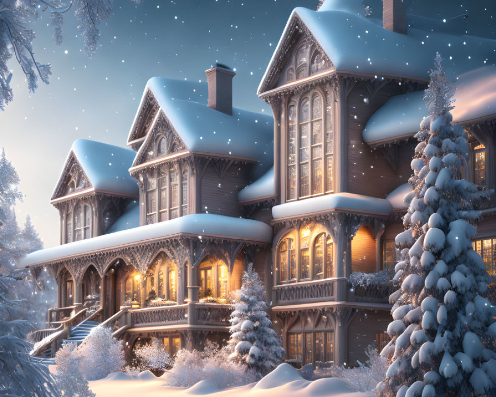 Victorian-style house with Christmas lights in snowy twilight