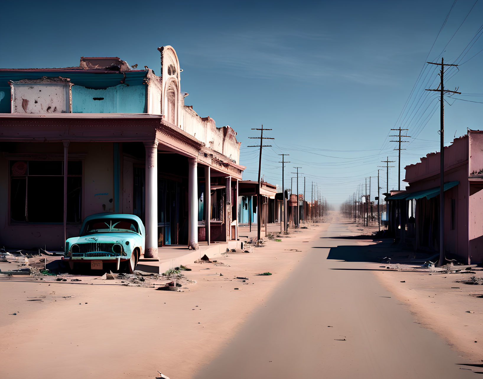 Desolate street scene with old buildings and classic car.