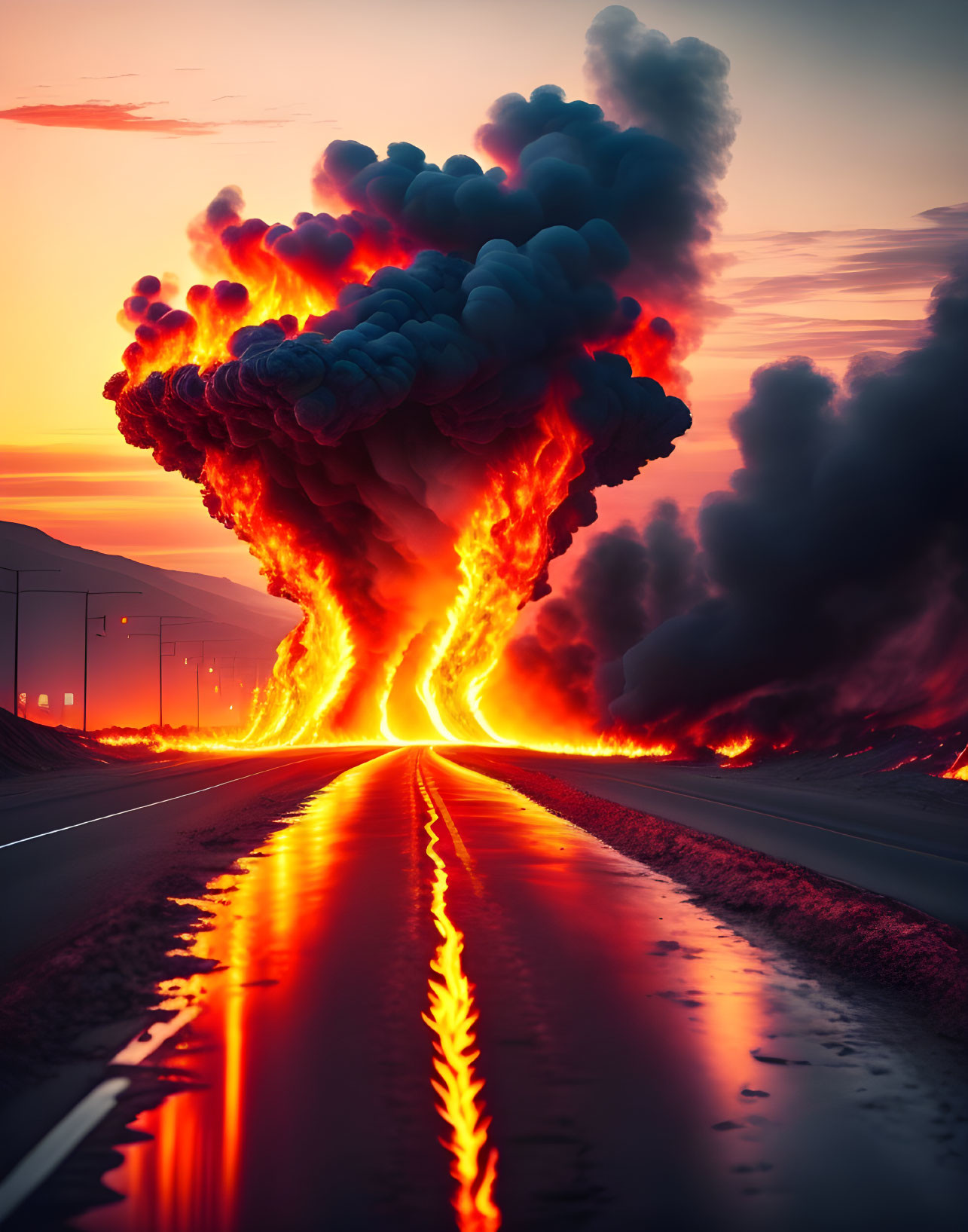 Dramatic sunset sky with fiery explosion and billowing smoke