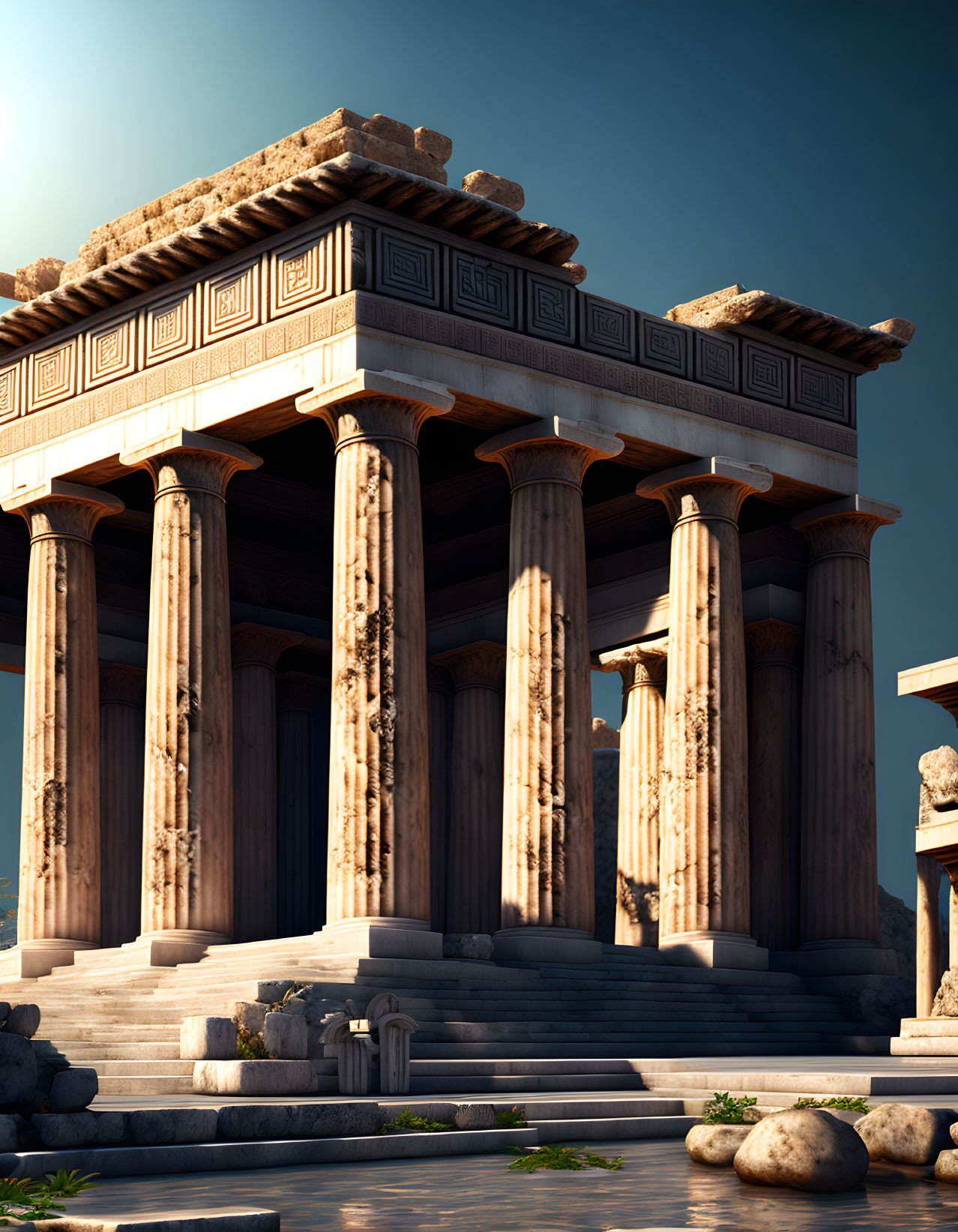 Ancient Greek temple with Corinthian columns and ornate carvings