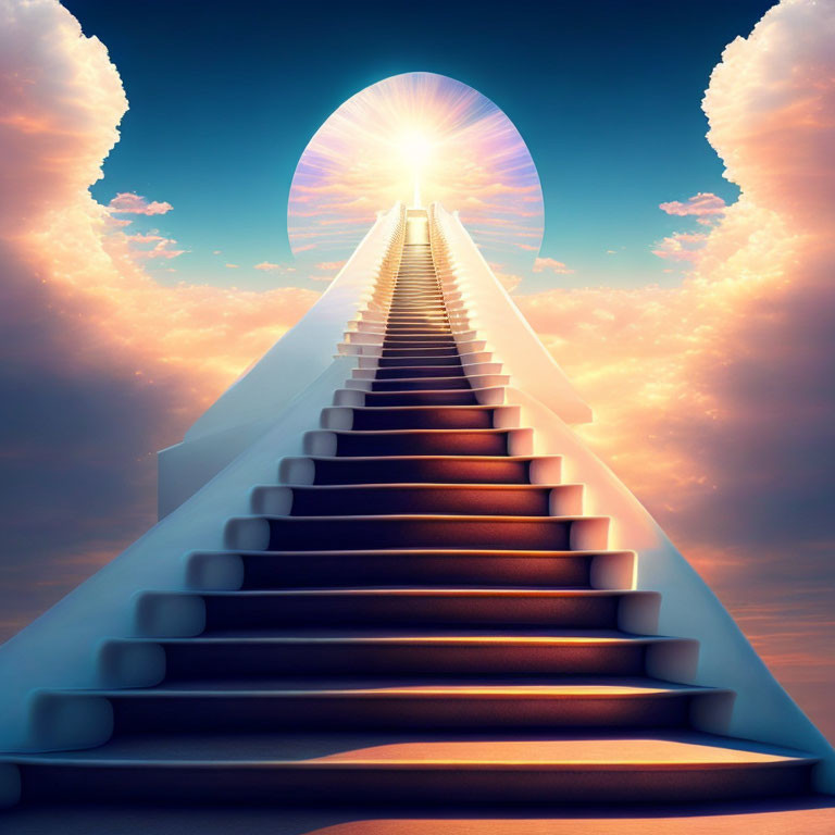 Surreal staircase ascends to sunlit archway in sky