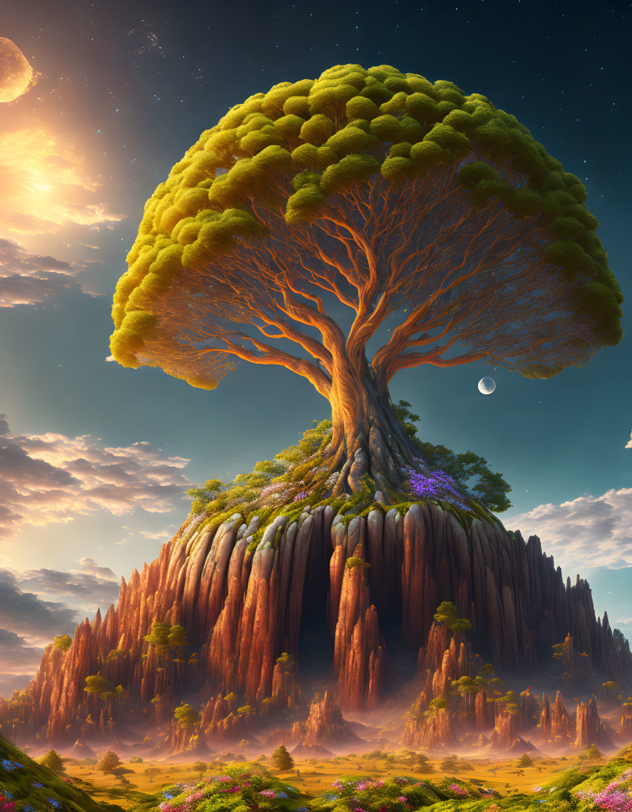 Majestic giant tree on rocky hill in fantastical landscape