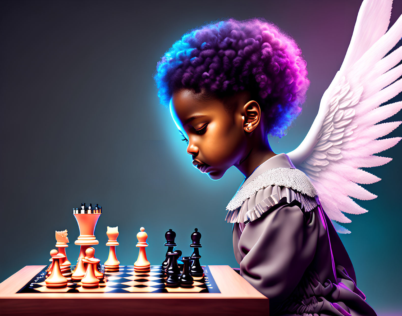 Young girl with purple hair and angel wings at chessboard under dramatic light