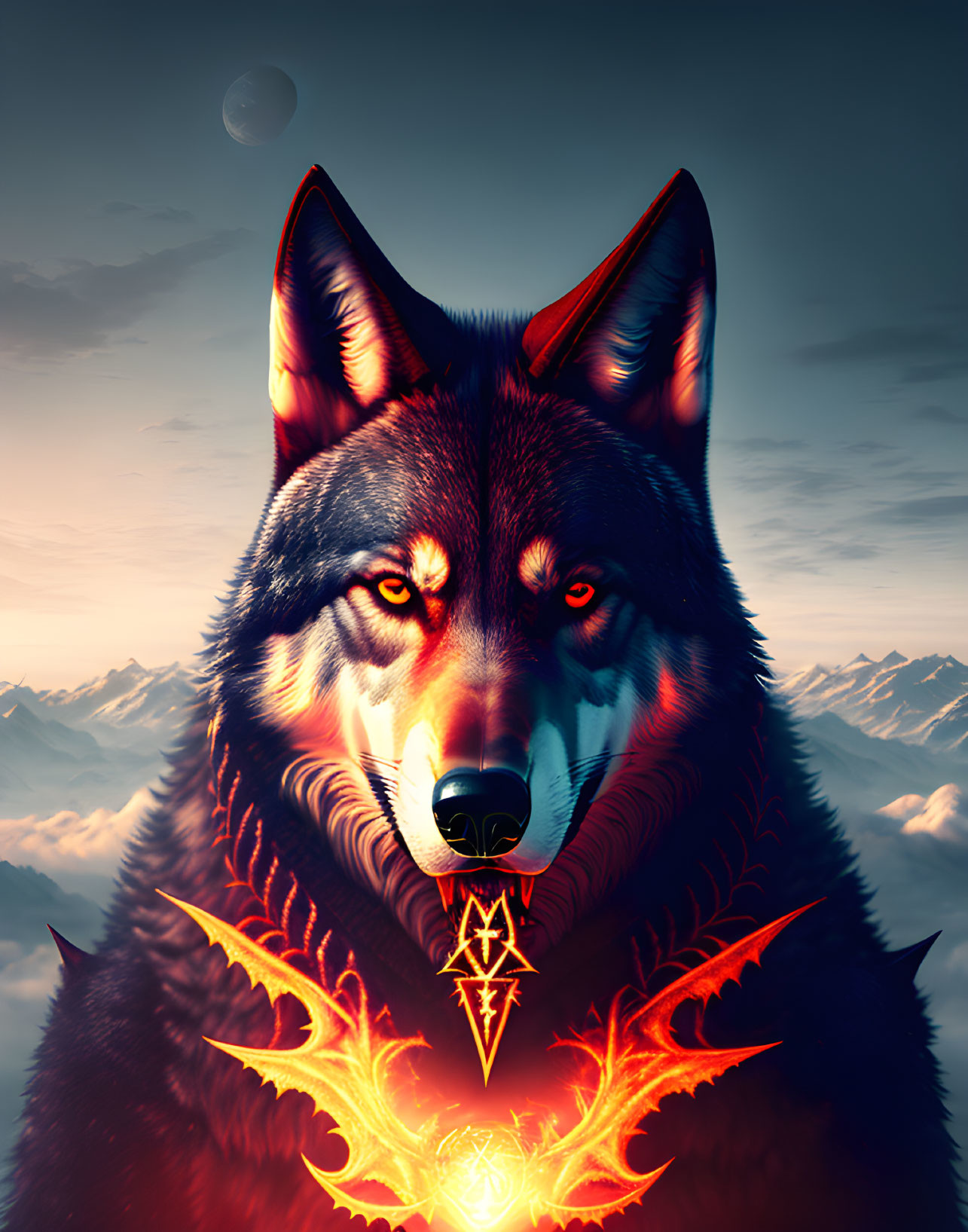 Majestic wolf with glowing eyes and ornate necklace in mountain landscape at twilight