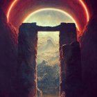 Surreal landscape with rugged archway, cascading mountains, and glowing eclipse