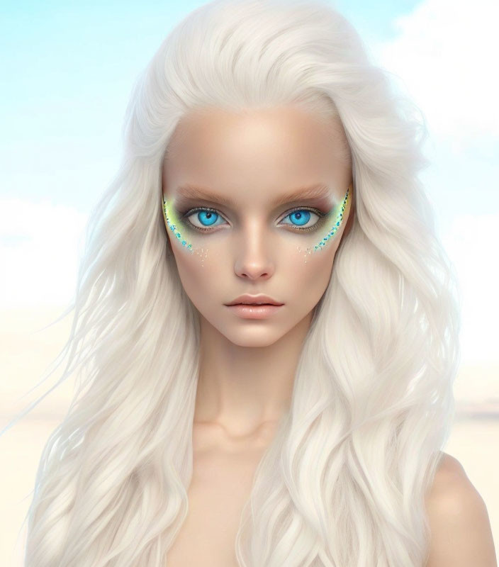 Ethereal figure with white hair and blue eyes