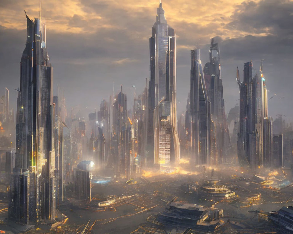 Futuristic cityscape with skyscrapers and waterways