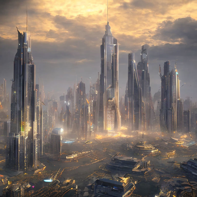 Futuristic cityscape with skyscrapers and waterways