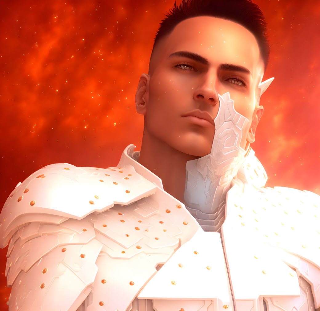 Futuristic man in white armor with metallic face implant on orange background