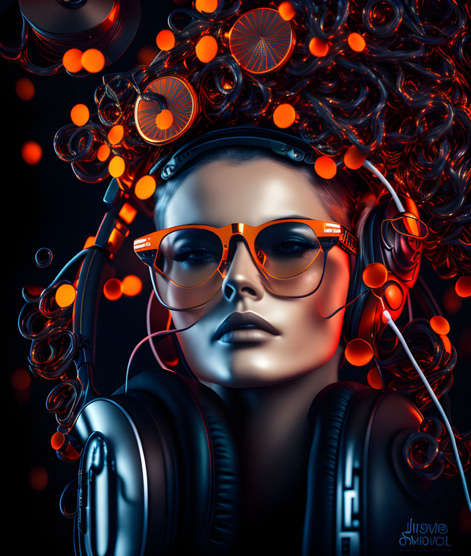 Digital artwork of woman with intricate hair, orange sunglasses, and headphones