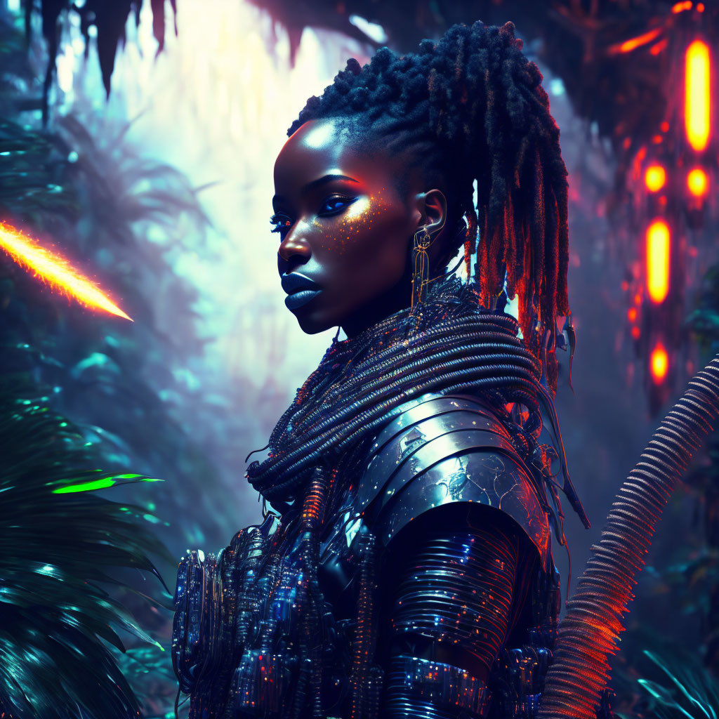 Striking individual in tribal makeup and futuristic armor in neon-lit jungle