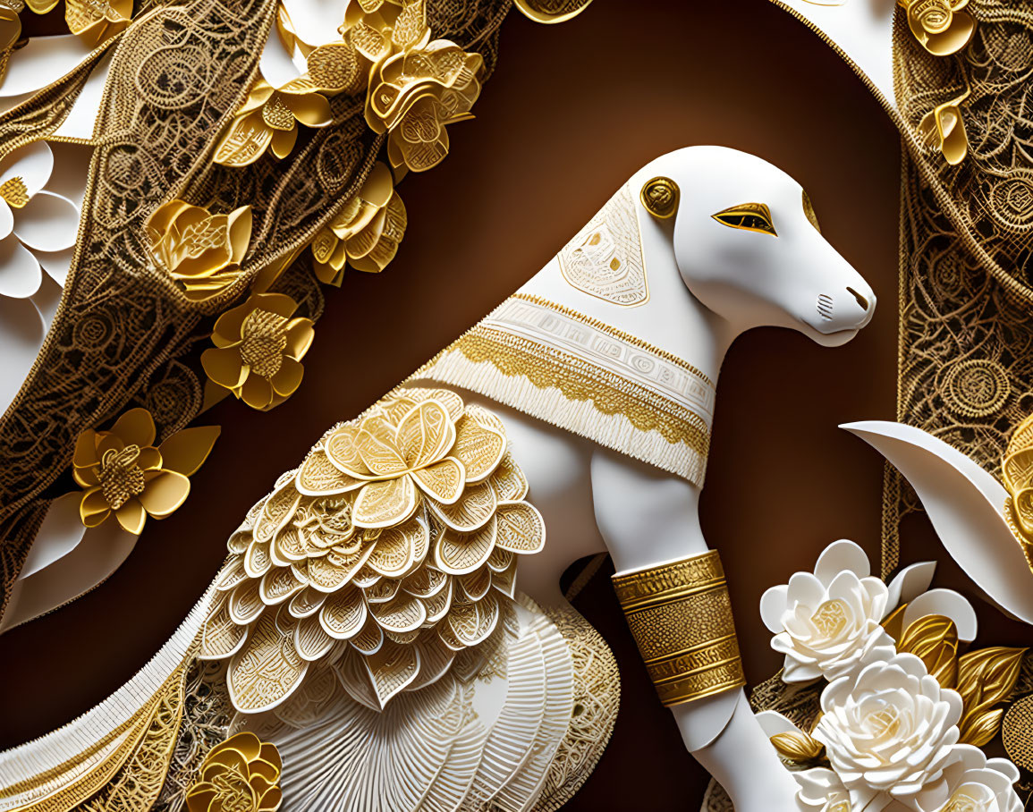 Stylized ornate sheep sculpture with gold and white details on brown background