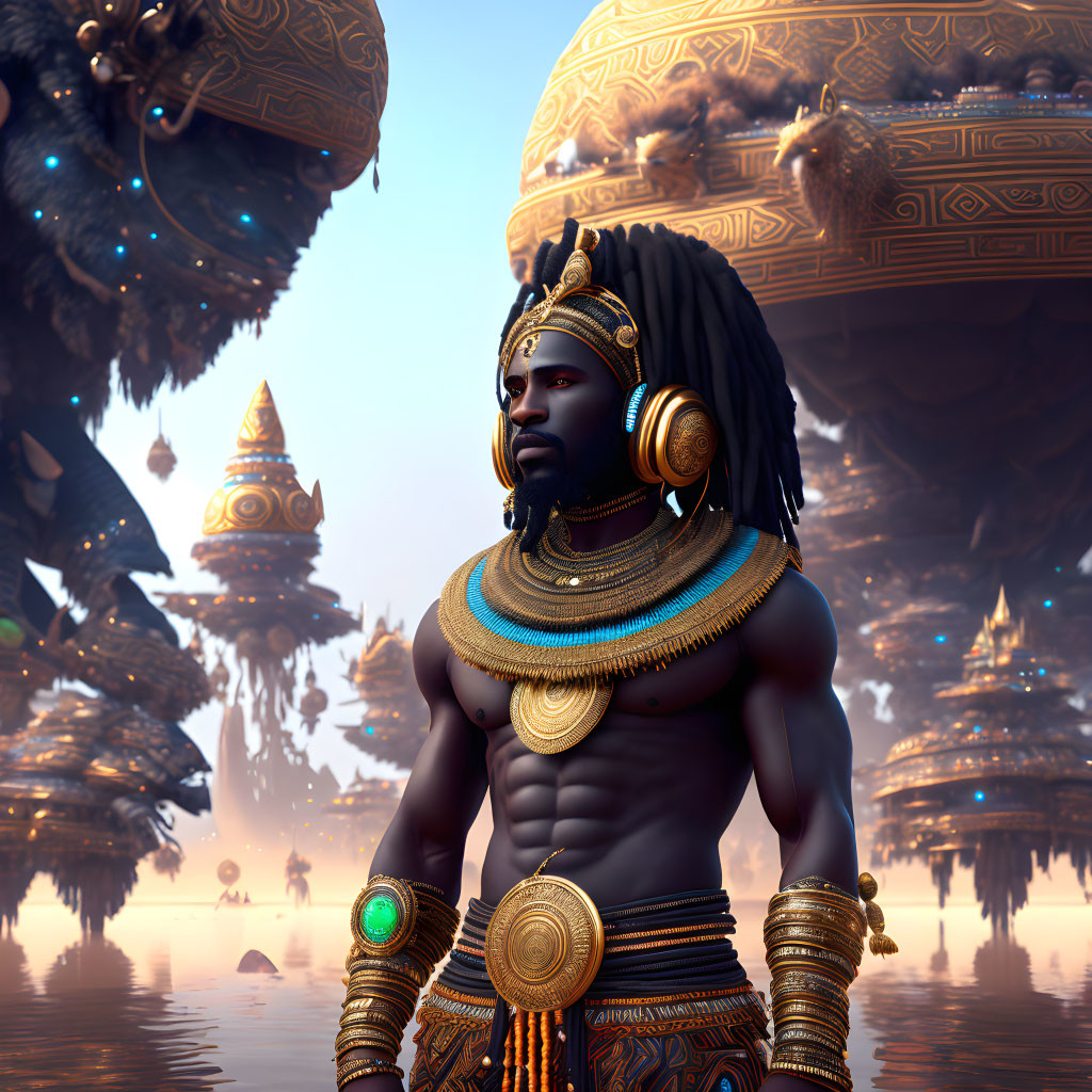 Man in regal attire with gold jewelry in futuristic cityscape