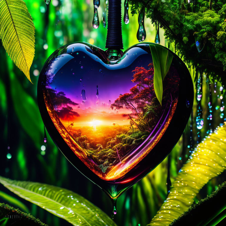 Heart-shaped object reflecting vivid sunset over forest in droplets against lush green foliage.